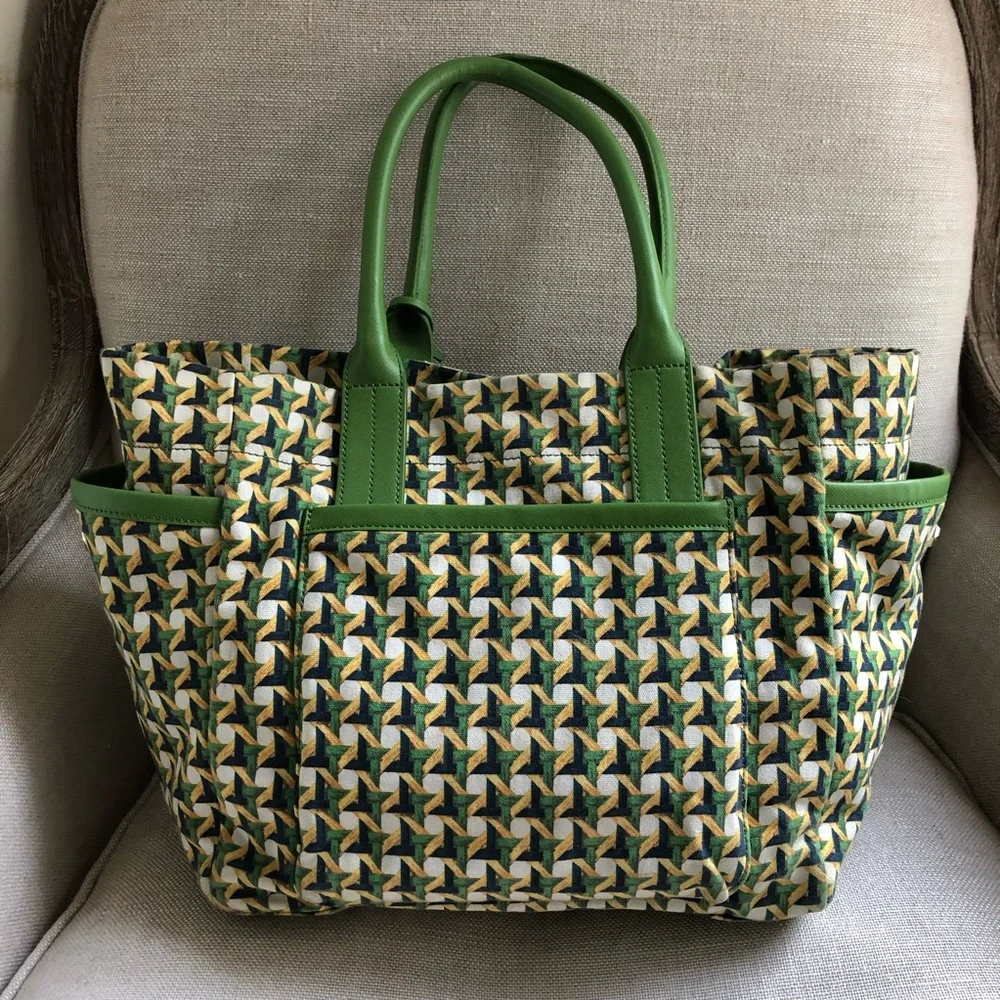 Tory Burch Tote Carryall Green Canvas Print Katie